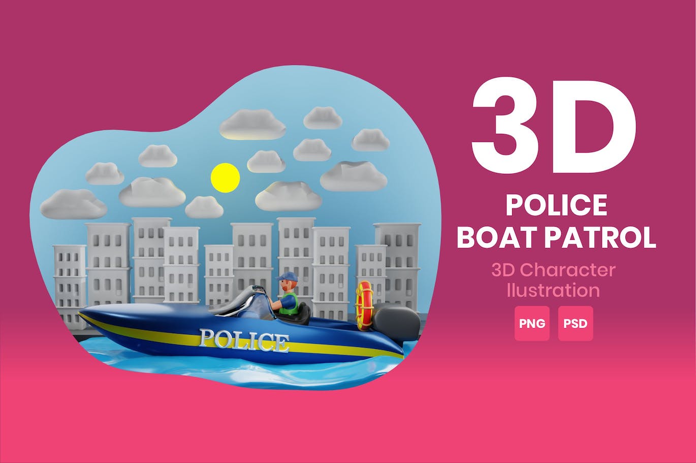 警艇巡逻3D角色插画素材 Police Boat Patrol 3D Character Illustration 图片素材 第1张