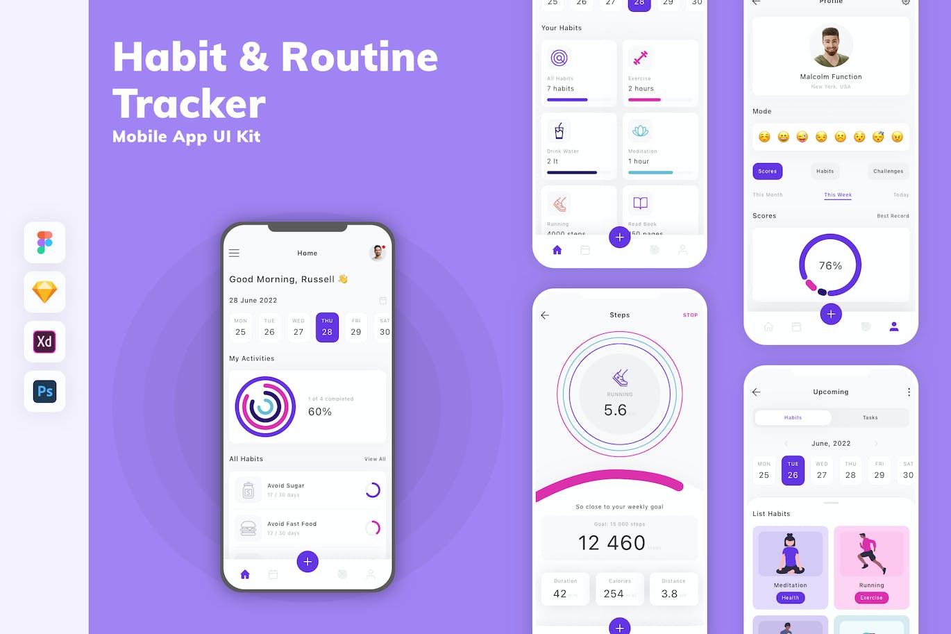 习惯&运动跟踪App移动应用设计UI工具包 Habit & Routine Tracker Mobile App UI Kit APP UI 第1张