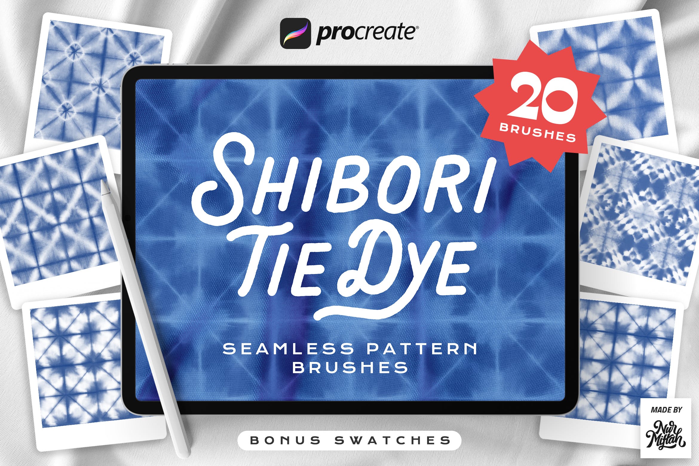 扎染布料无缝图案Procreate笔刷 Procreate Tie Dye Shibori Seamless Pattern Brushes 笔刷资源 第1张