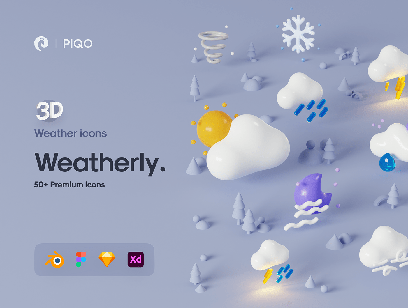 50多个3D高分辨率原始风格和粘土风格完美天气图标包 Weatherly 3D icons – 50+ Weather icons 图标素材 第1张