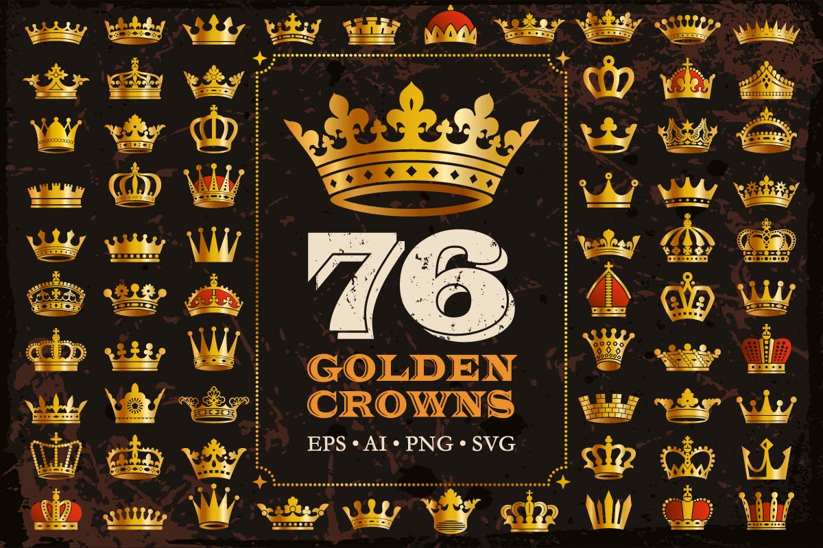76个金色皇冠图标&矢量剪影 76 Golden Royal Crowns Icons Vector Silhouettes 图标素材 第1张