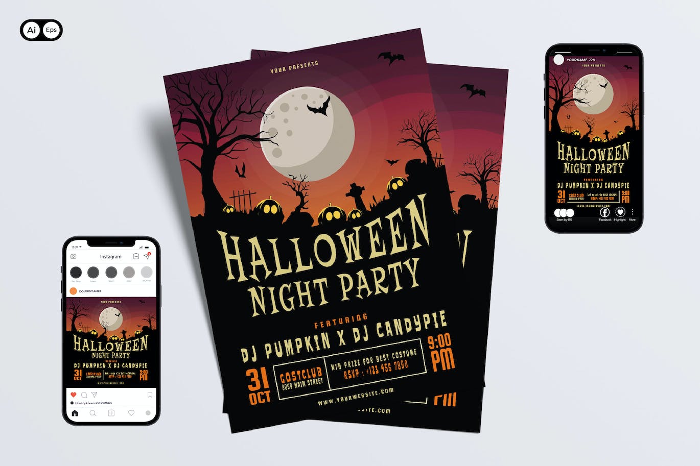 万圣节之夜派对宣传单模板 Halloween Night Party Flyer Set 设计素材 第1张