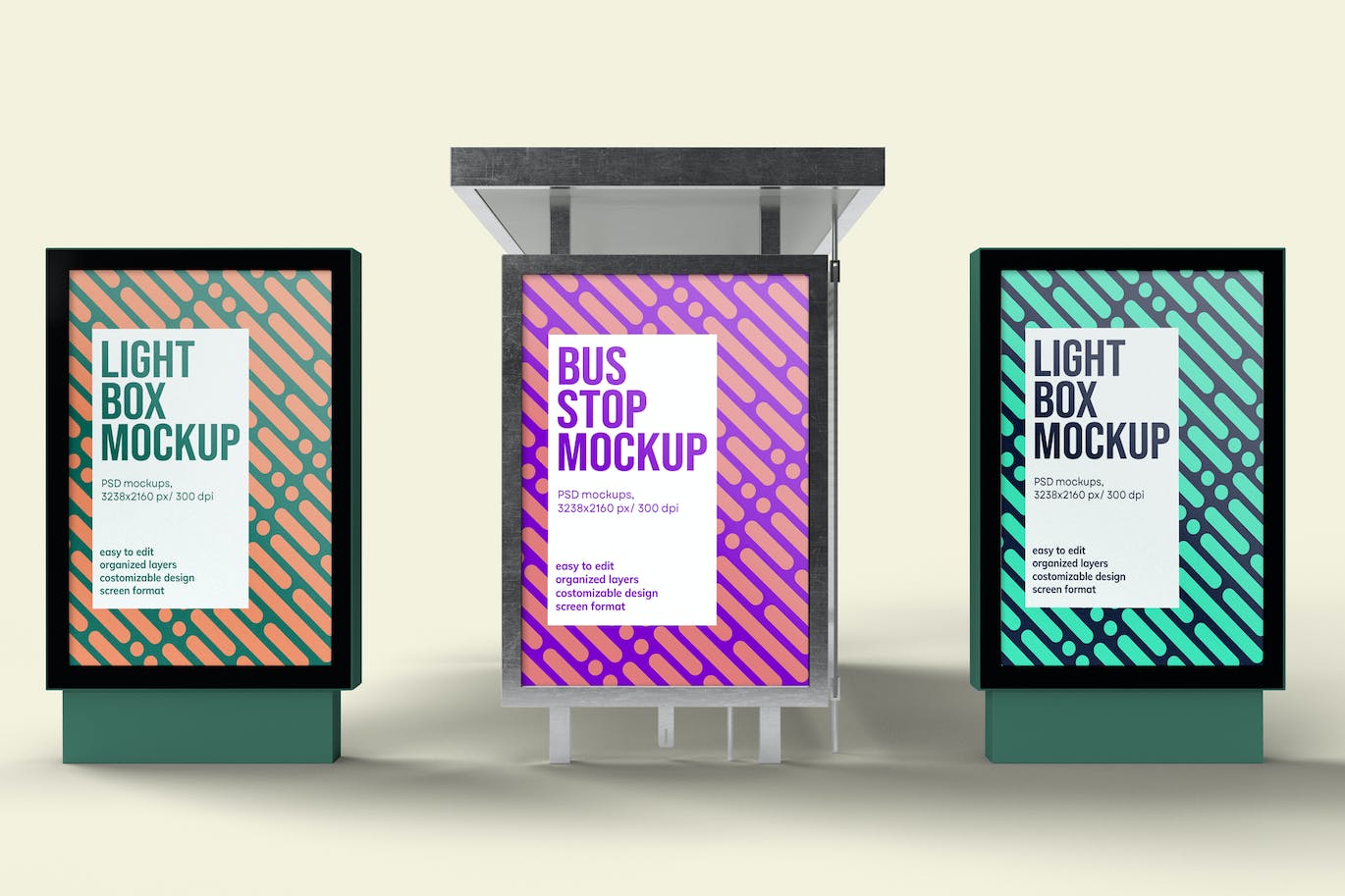 公交巴士站灯箱广告海报展示样机 Bus Stop and Lightbox Mockup 样机素材 第1张