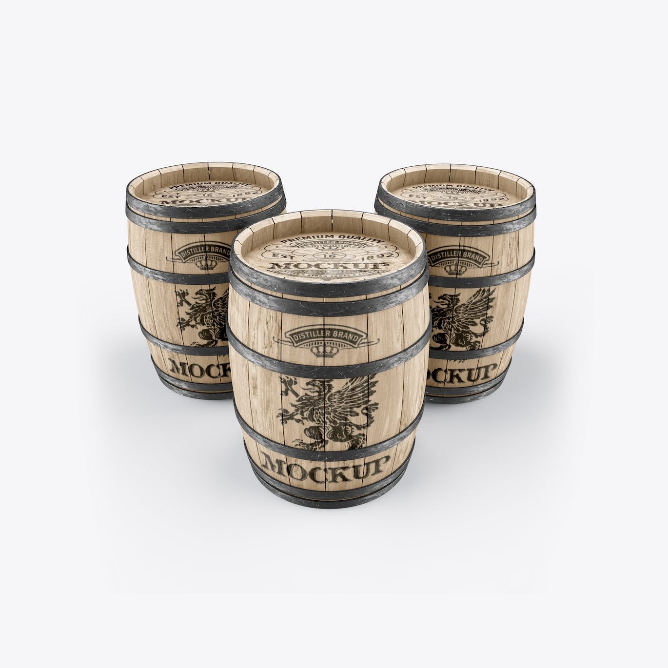 葡萄酒木桶标签品牌设计样机 Set Wooden Barrels Mockup 样机素材 第6张