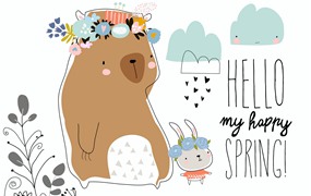 可爱的熊和小兔子春天矢量插画 Cute bear with little bunny staying in spring plan