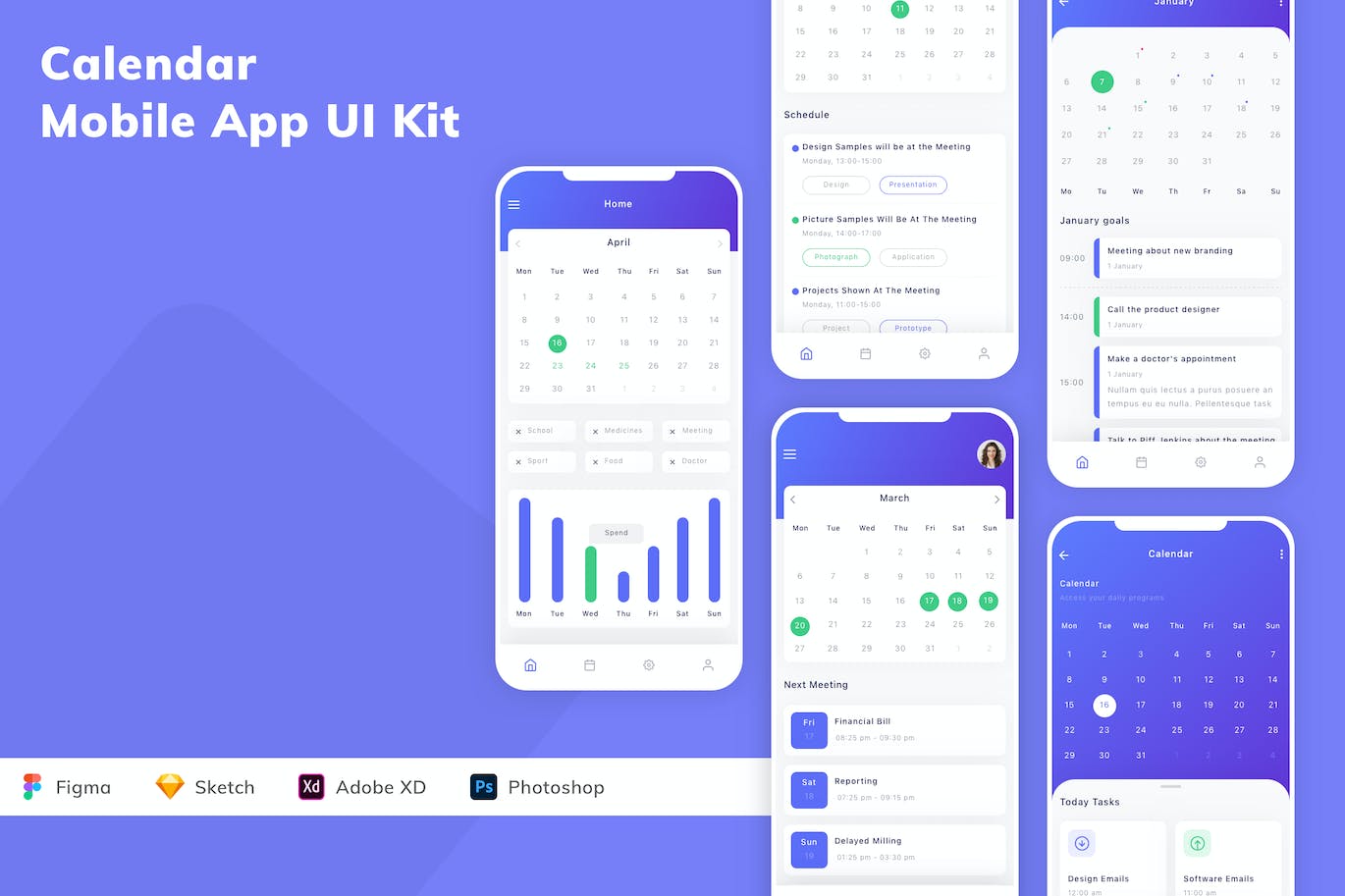 日历App应用程序UI工具包素材 Calendar Mobile App UI Kit APP UI 第1张