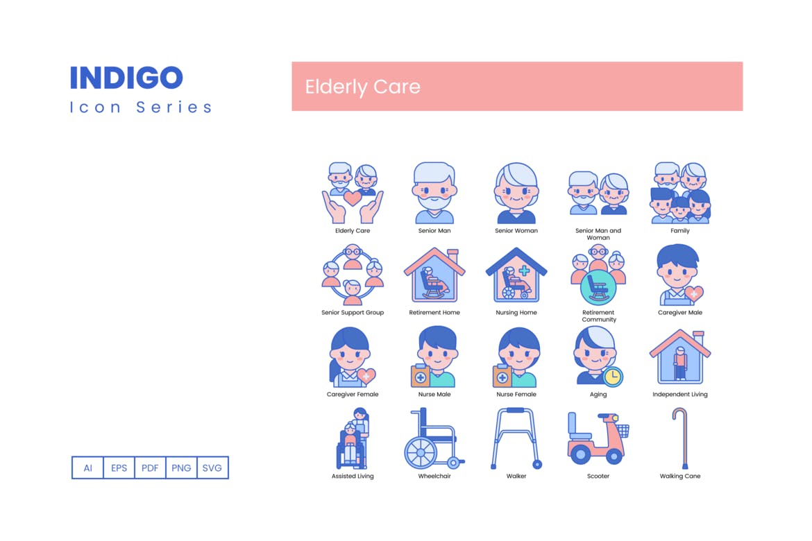 80个靛蓝系列老年护理图标 80 Elderly Care Icons – Indigo Series 图标素材 第8张