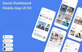 社交仪表盘App应用程序UI工具包素材 Social Dashboard Mobile App UI Kit