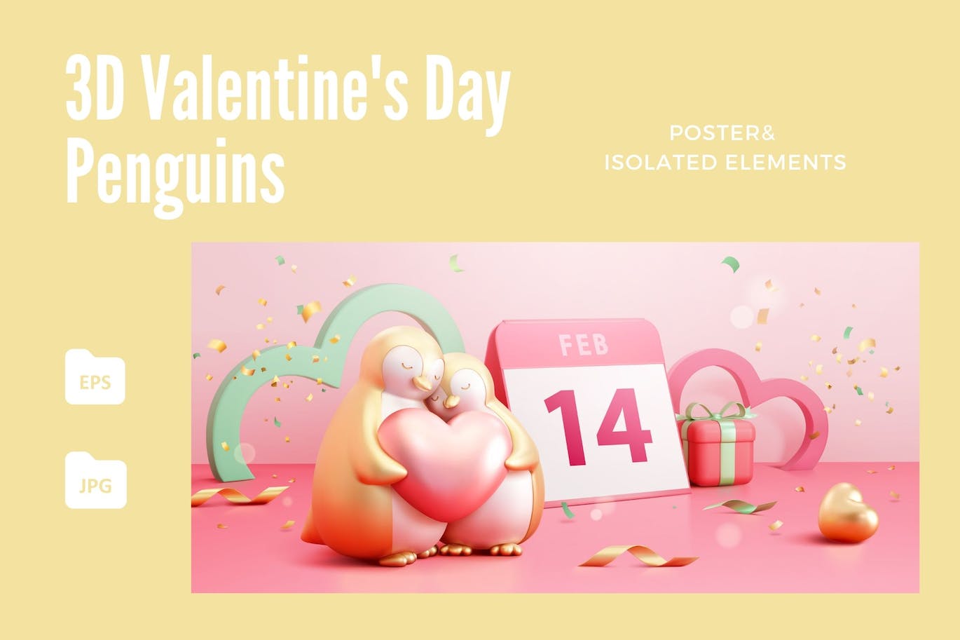 3D情人节企鹅海报素材下载 3D Valentine’s Day Penguins Poster 设计素材 第1张