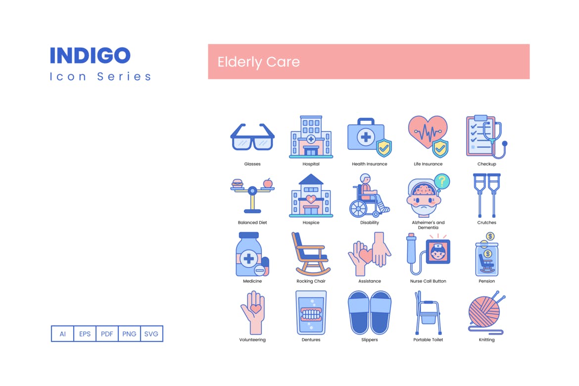 80个靛蓝系列老年护理图标 80 Elderly Care Icons – Indigo Series 图标素材 第2张