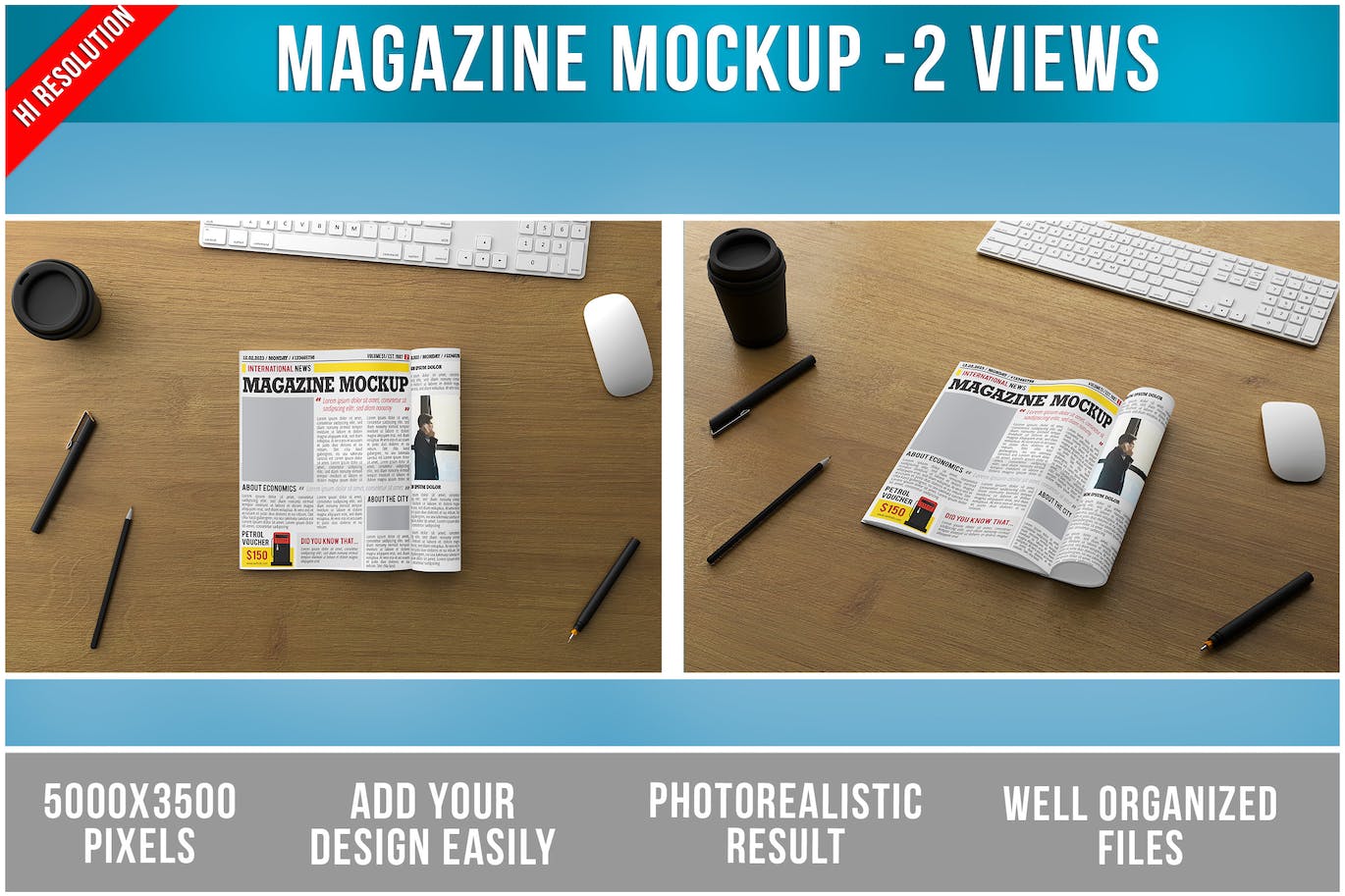 办公桌杂志新闻报纸效果图样机模板 Open Magazine on Wooden Table Mockup 样机素材 第1张