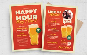 欢乐时光传单啤酒插画海报 Happy Hour Flyer Beer Illustration