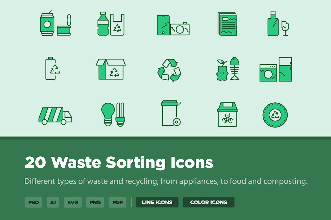20个废物分类线条样式矢量图标 20 Waste Sorting Icons 图标素材 第1张