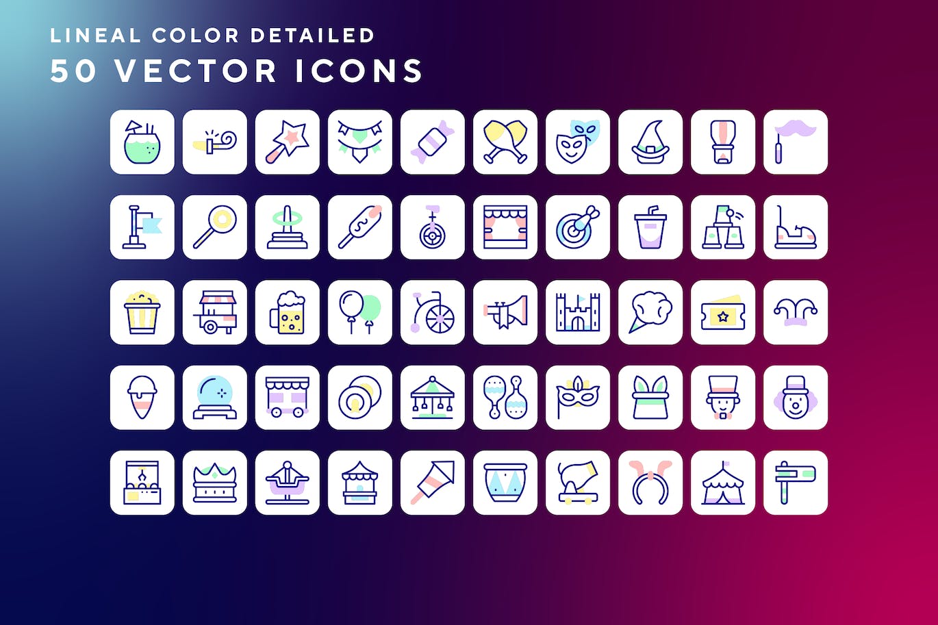 50枚狂欢节主题彩色线条矢量图标 Carnival icons 图标素材 第1张