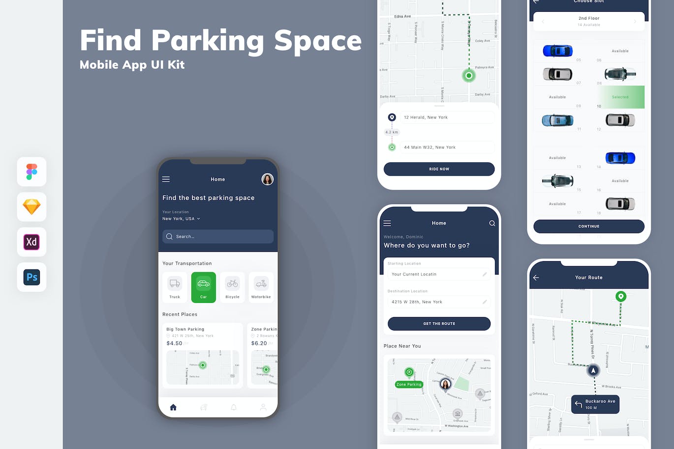 寻找停车位App移动应用设计UI工具包 Find Parking Space Mobile App UI Kit APP UI 第1张