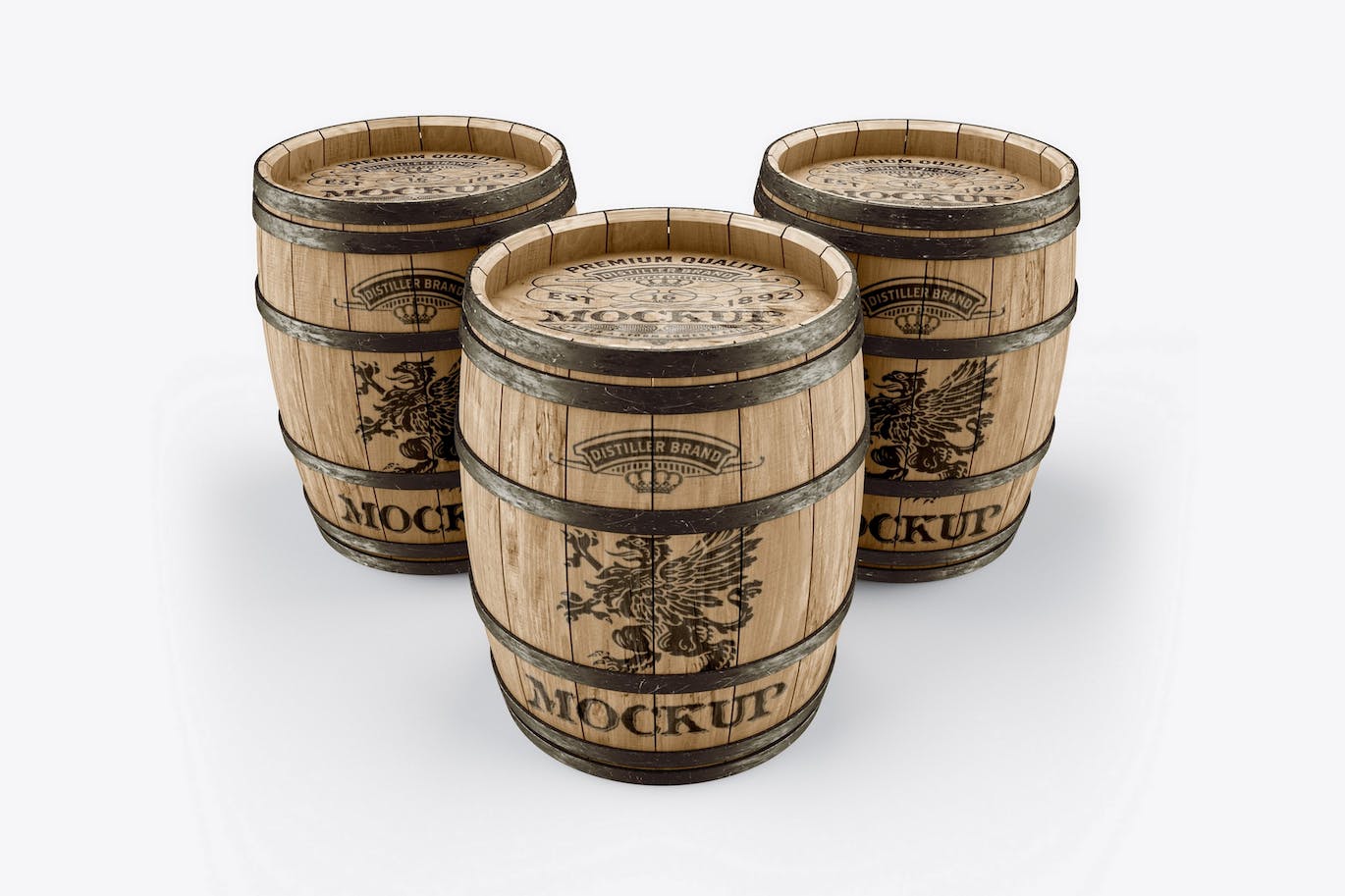 葡萄酒木桶标签品牌设计样机 Set Wooden Barrels Mockup 样机素材 第1张