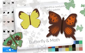 蝴蝶和飞蛾形状Procreate印章笔刷 Butterfly and moth Procreate stamp brushes spring
