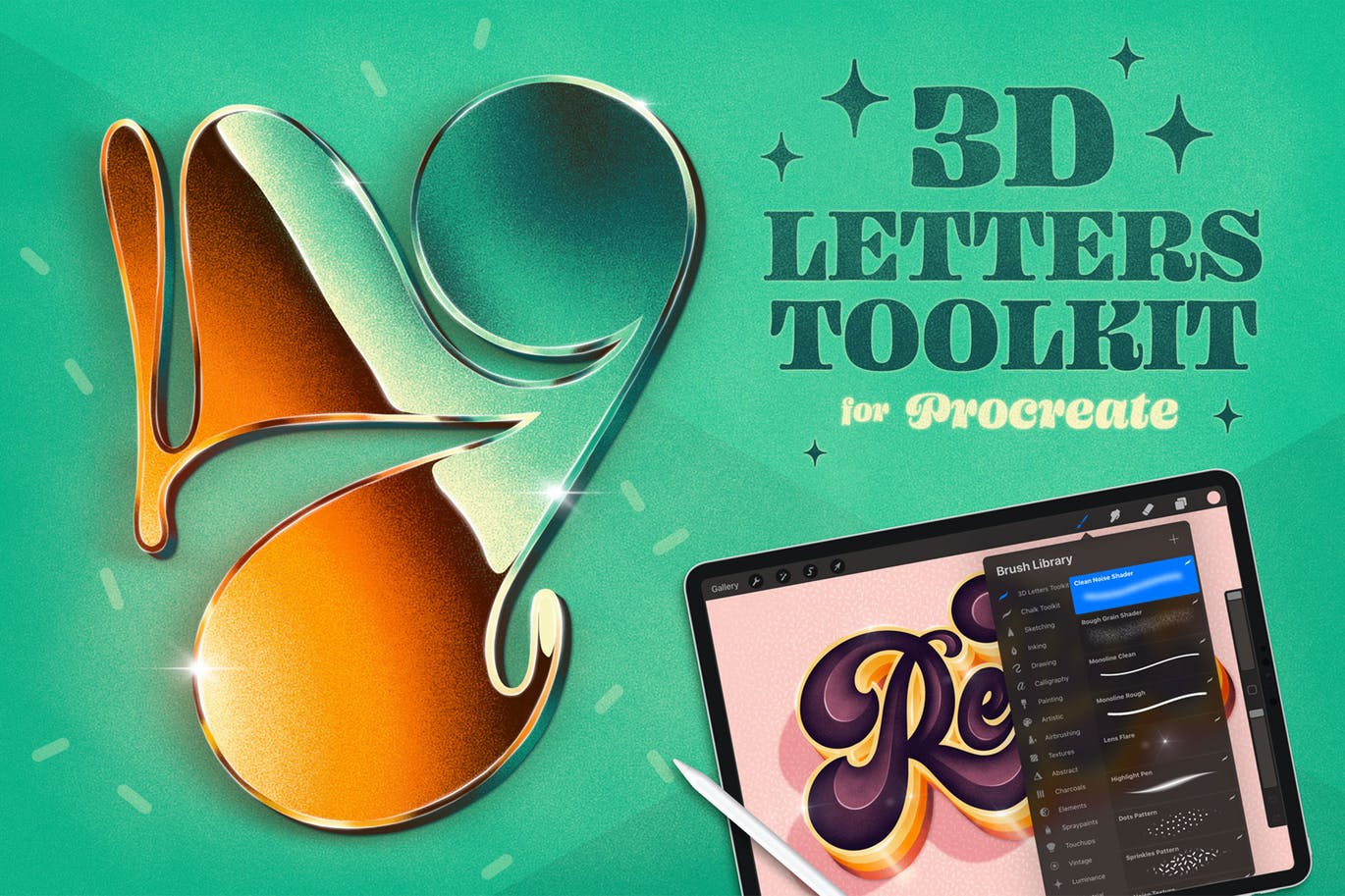 3D字母制作工具Procreate笔刷 3D Letters Toolkit 笔刷资源 第1张