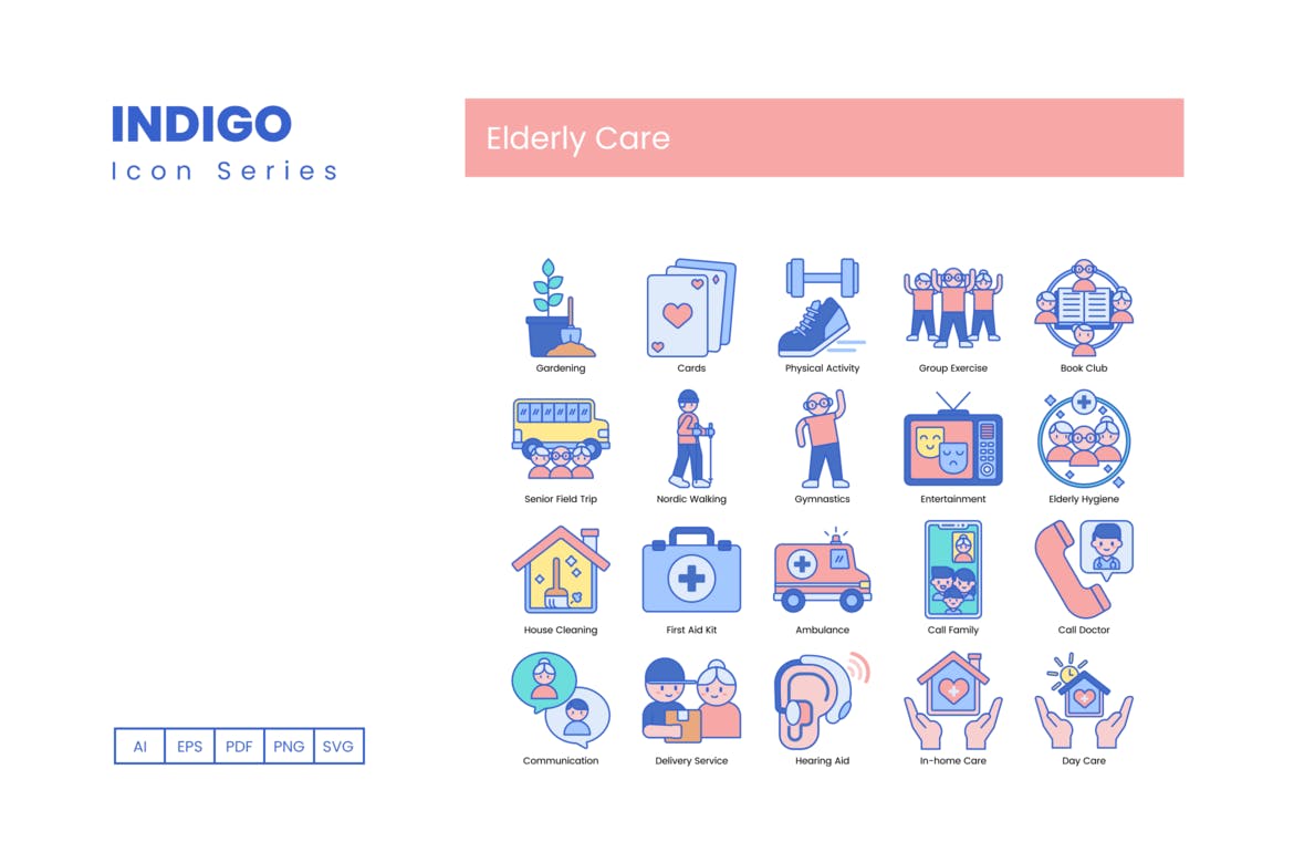 80个靛蓝系列老年护理图标 80 Elderly Care Icons – Indigo Series 图标素材 第6张
