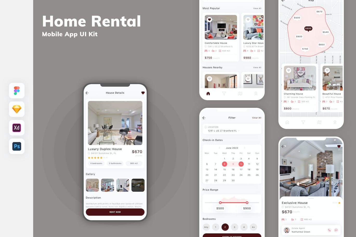 房屋租赁App移动应用设计UI工具包 Home Rental Mobile App UI Kit APP UI 第1张