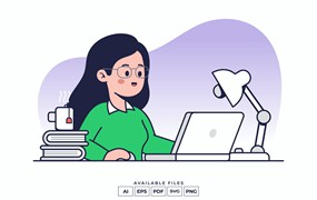 笔记本电脑办公场景插画 Working On Laptop Illustration