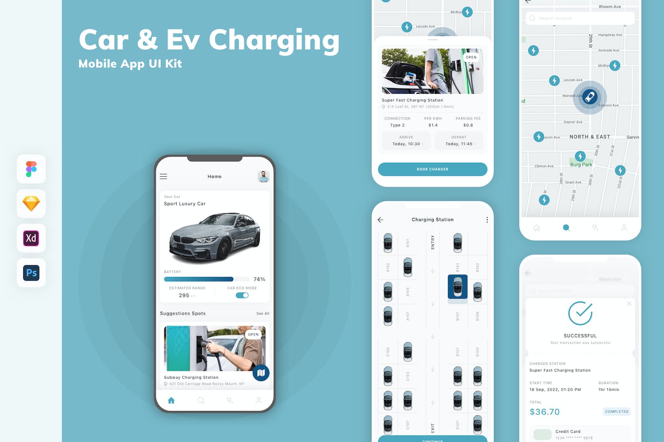 汽车和电动车充电App移动应用设计UI工具包 Car & Ev Charging Mobile App UI Kit APP UI 第1张