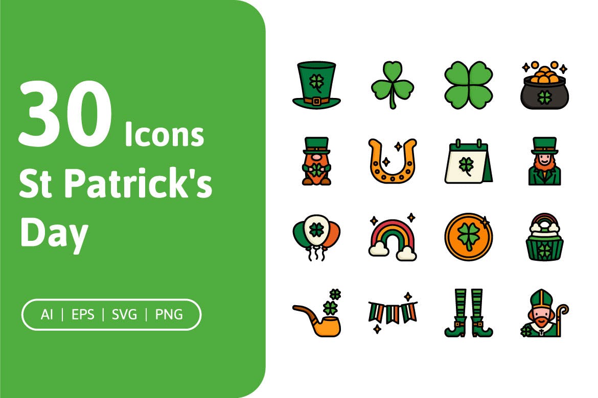 30个高质量的圣帕特里克节矢量图标 30 St Patrick’s Day Icons 图标素材 第1张