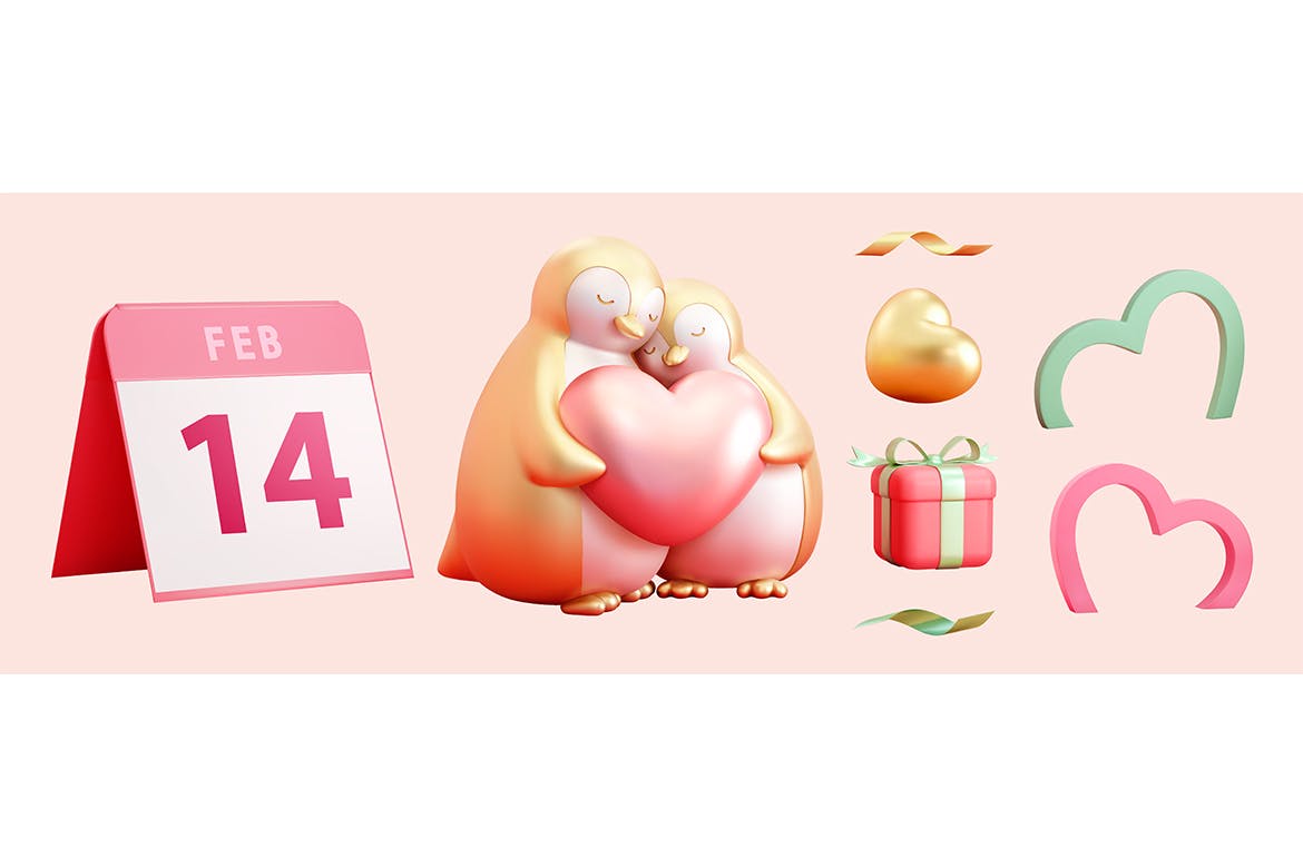 3D情人节企鹅海报素材下载 3D Valentine’s Day Penguins Poster 设计素材 第2张