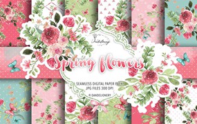 水彩春天花朵数码纸图案素材包 Spring flowers digital paper pack