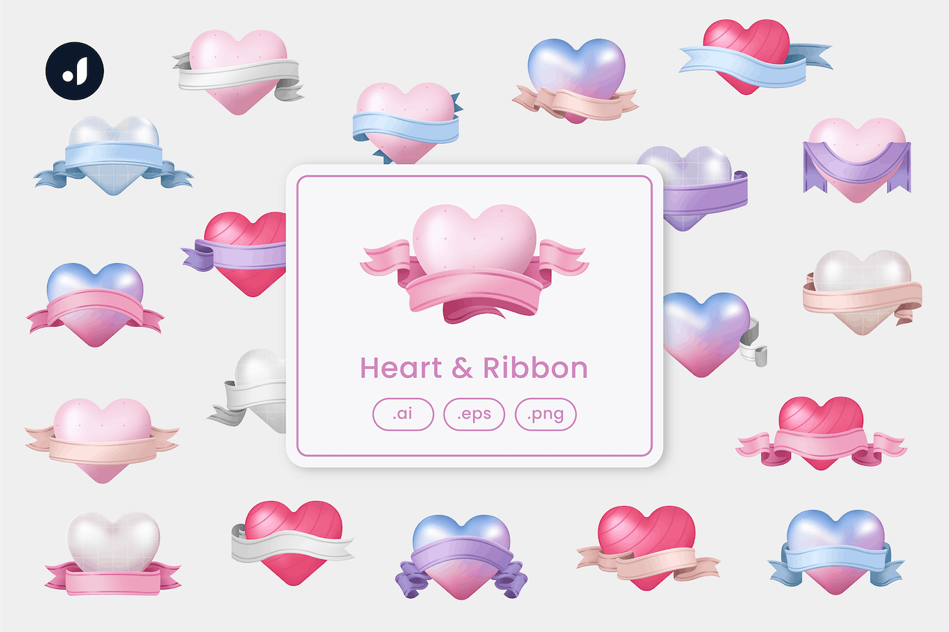 丝带爱心情人节元素插画 Heart & Ribbon Illustration 设计素材 第1张
