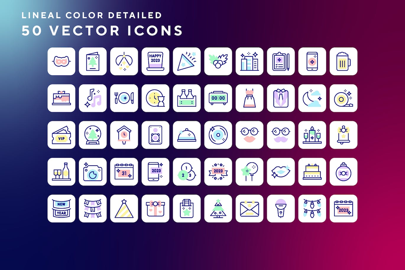 50枚新年主题彩色线条矢量图标 New year icons 图标素材 第1张