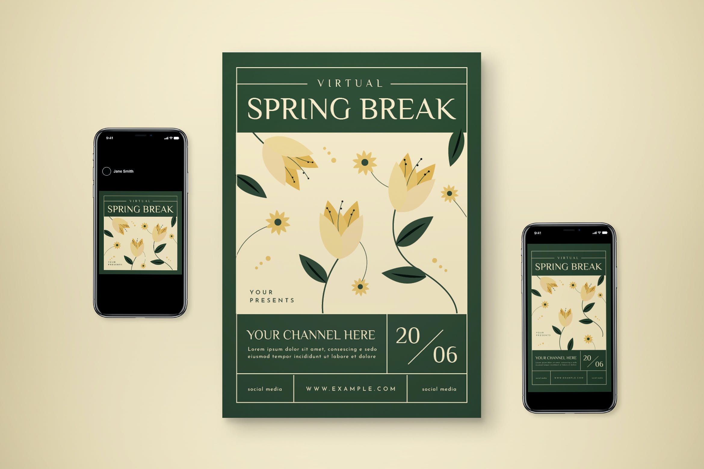 春天假期海报模板下载 Virtual Spring Break Flyer Set 设计素材 第1张