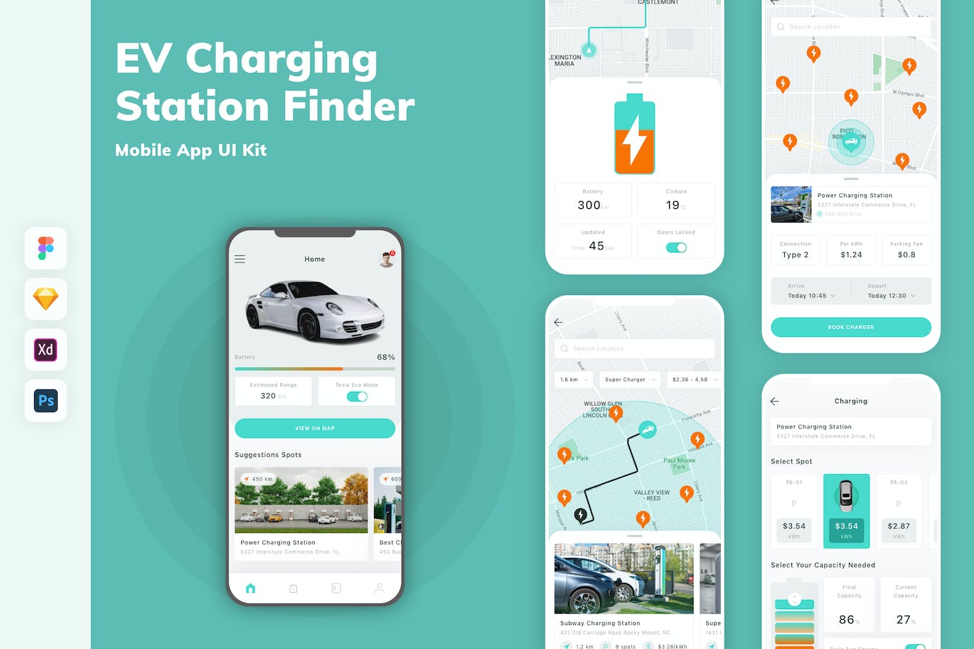 电动汽车充电站App移动应用设计UI工具包 EV Charging Station Finder Mobile App UI Kit APP UI 第1张