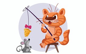 钓鱼概念矢量插画 Cat Catching Mouse on Fishing Rod with Cheese