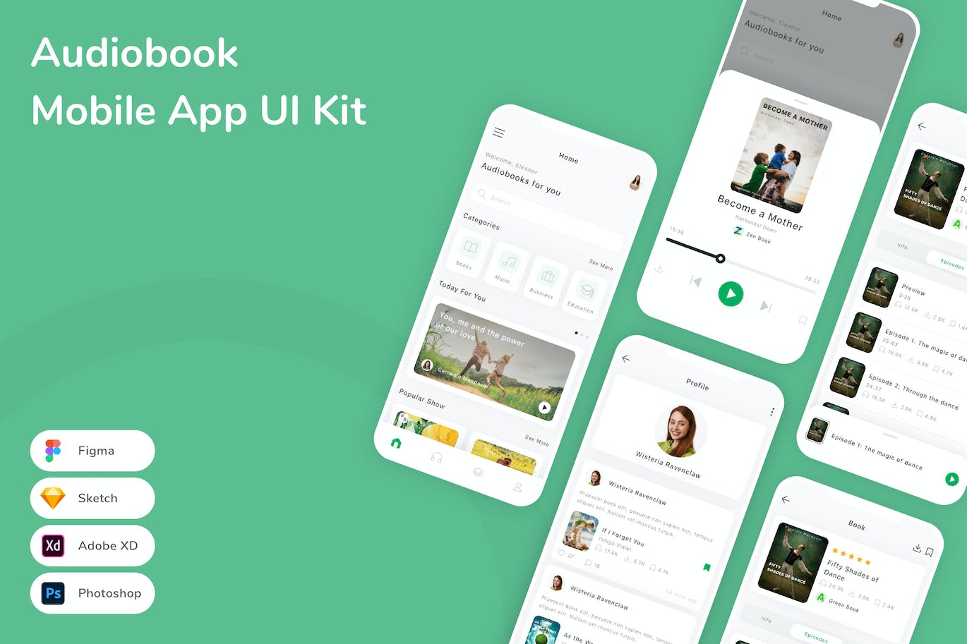有声读物App应用程序UI工具包素材 Audiobook Mobile App UI Kit APP UI 第1张