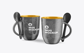 带勺子的彩色马克杯杯身设计样机 Colorfull Mug with Spoon Mockup