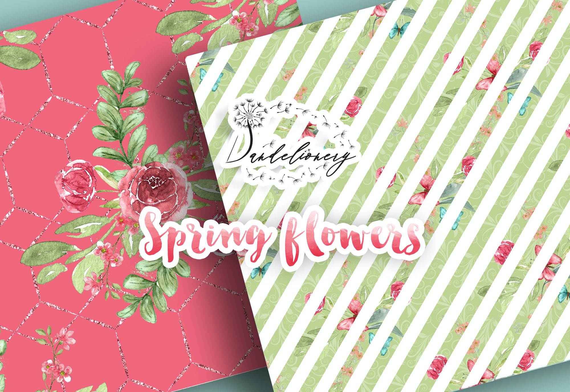 水彩春天花朵数码纸图案素材包 Spring flowers digital paper pack 设计素材 第5张