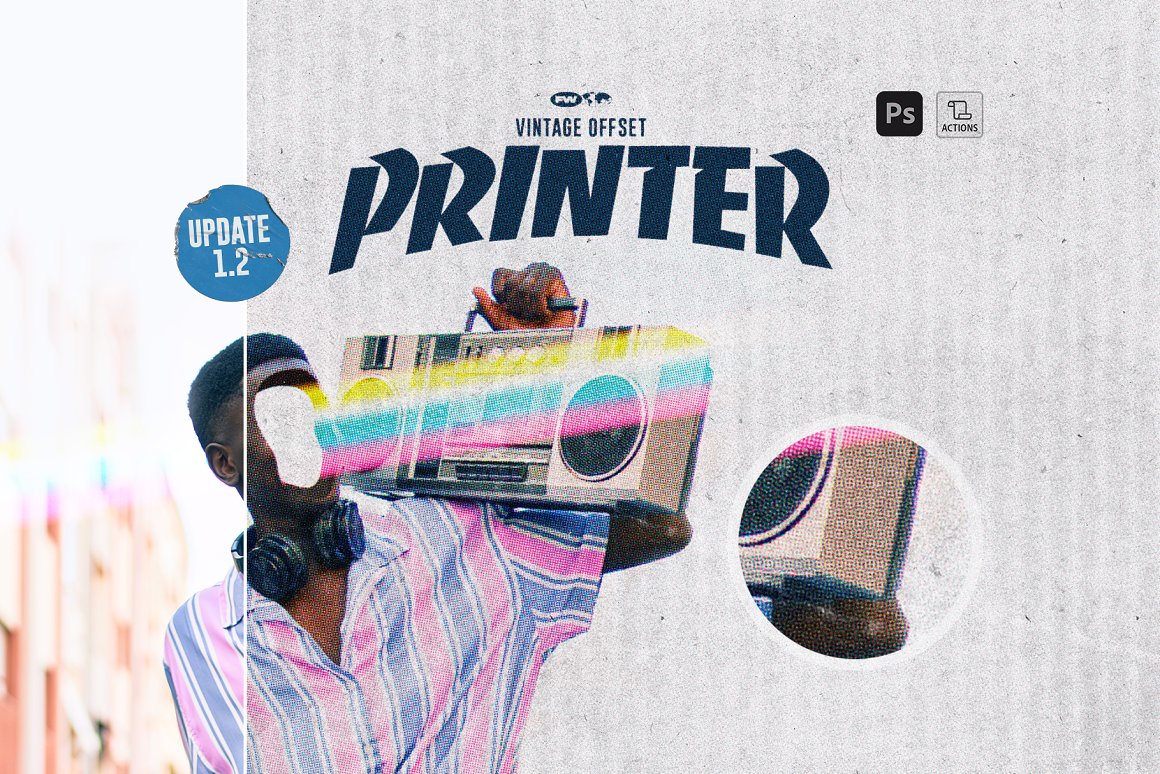 复古蒸汽波胶片打印颗粒噪点肌理故障艺术照片处理PS动作素材 Vintage Offset Printer 插件预设 第1张