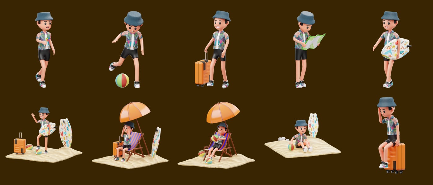 三维渲染假期旅行海滩度假主题卡通人物插画素材 Vacation 3D Character Illustration 图标素材 第7张