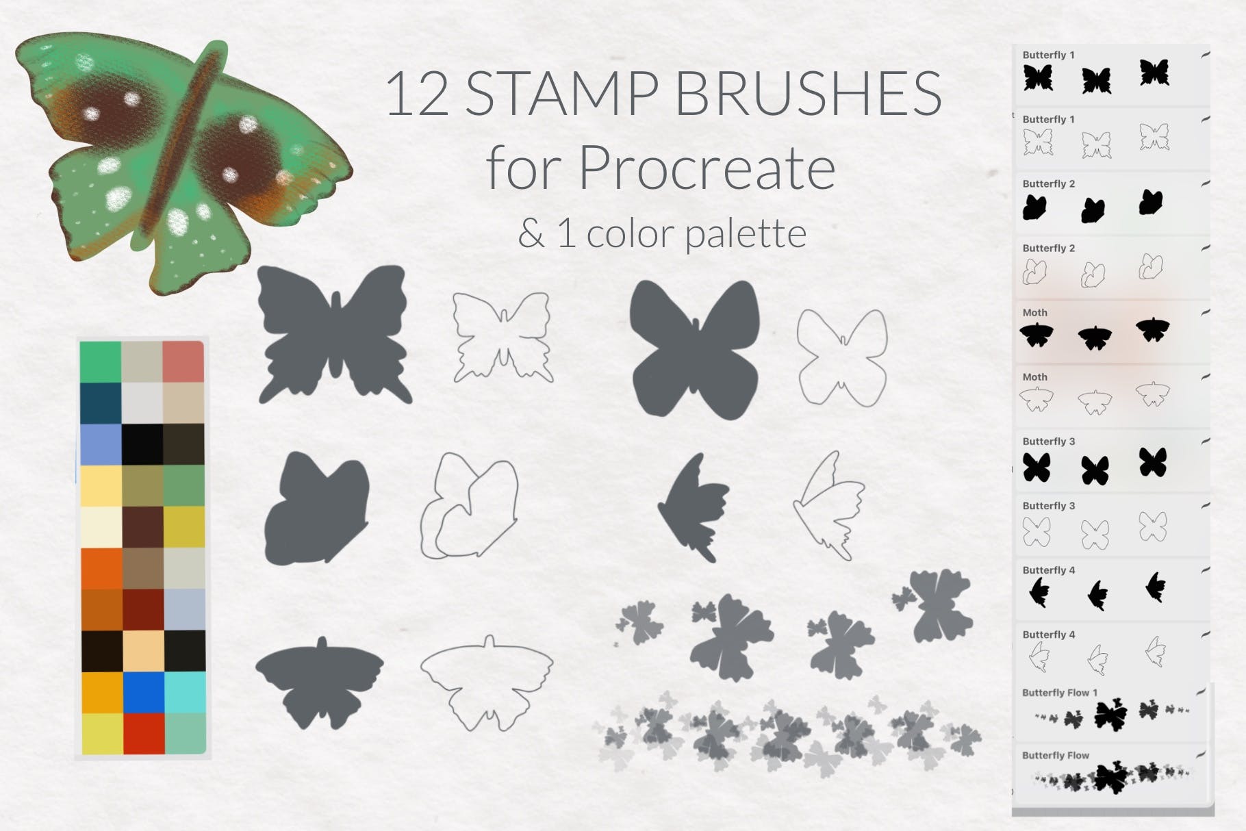 蝴蝶和飞蛾形状Procreate印章笔刷 Butterfly and moth Procreate stamp brushes spring 笔刷资源 第2张