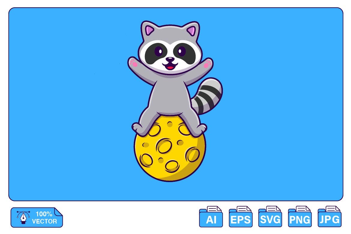 可爱的浣熊漫画矢量插画 Cute Raccoon Sitting On Moon Cartoon 图片素材 第1张