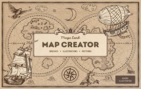 老式复古仙境地图山脉数目建筑等航海地图制作工具包Magic Lands: Vintage Map Creator