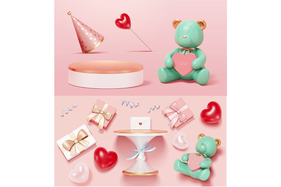 3D泰迪熊情人节插画套装 3D Teddy Bear Valentine’s Day Set 图片素材 第2张
