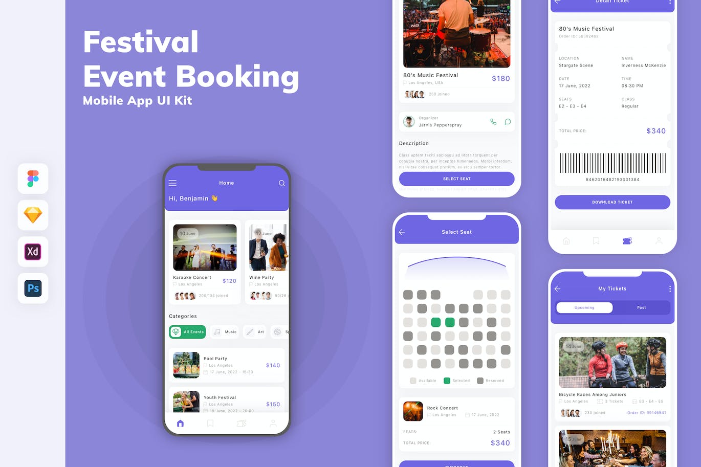 节日和活动预订App移动应用设计UI工具包 Festival & Event Booking Mobile App UI Kit APP UI 第1张