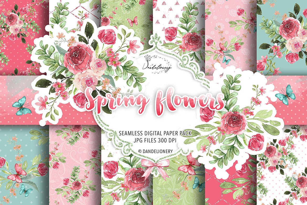水彩春天花朵数码纸图案素材包 Spring flowers digital paper pack 设计素材 第1张