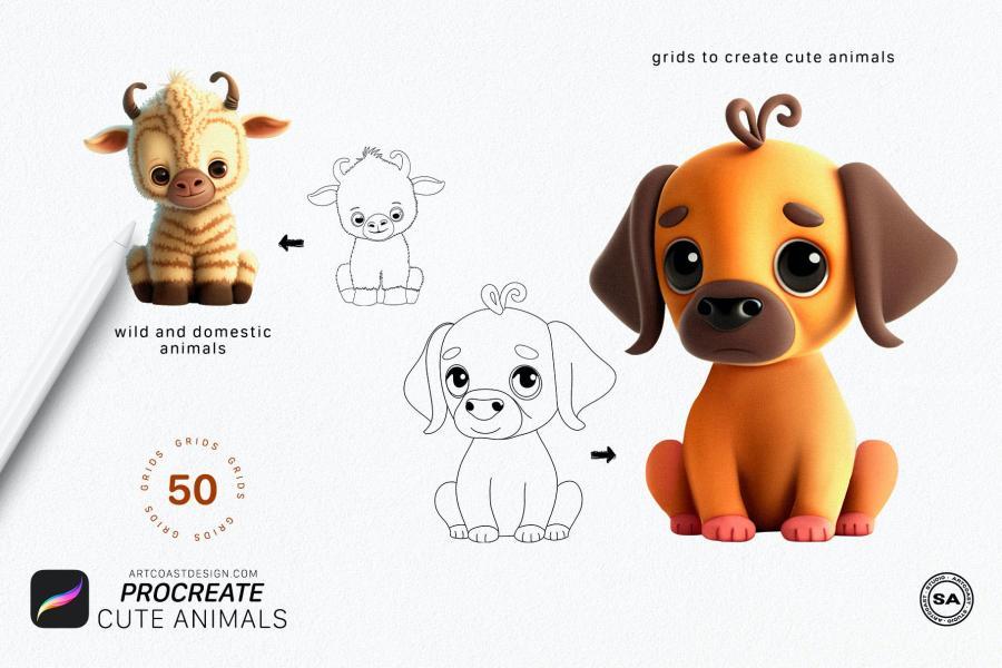 Procreate笔刷-可爱小动物Procreate线条图形笔刷素材 笔刷资源 第5张