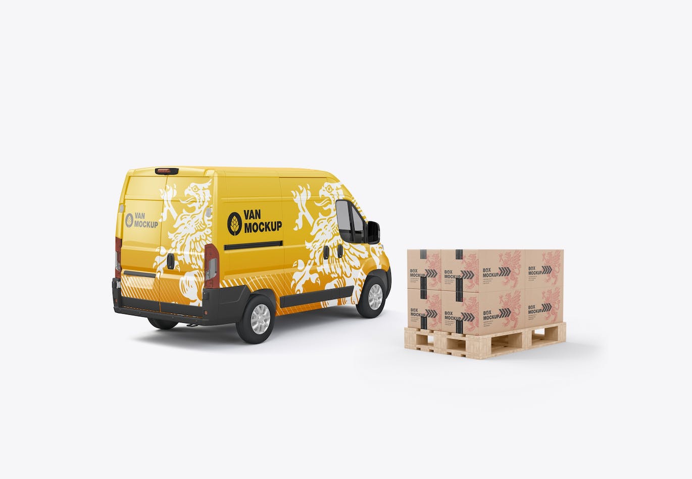 货物托盘纸箱&货车设计样机图 Set Panel Van with Pallet and Boxes Mockup 样机素材 第11张