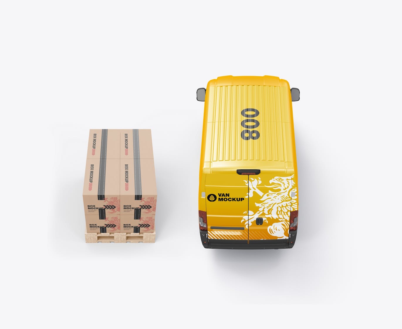 货物托盘纸箱&货车设计样机图 Set Panel Van with Pallet and Boxes Mockup 样机素材 第2张