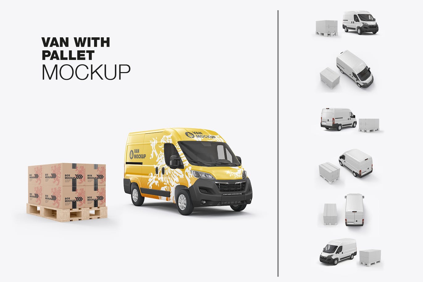 货物托盘纸箱&货车设计样机图 Set Panel Van with Pallet and Boxes Mockup 样机素材 第1张