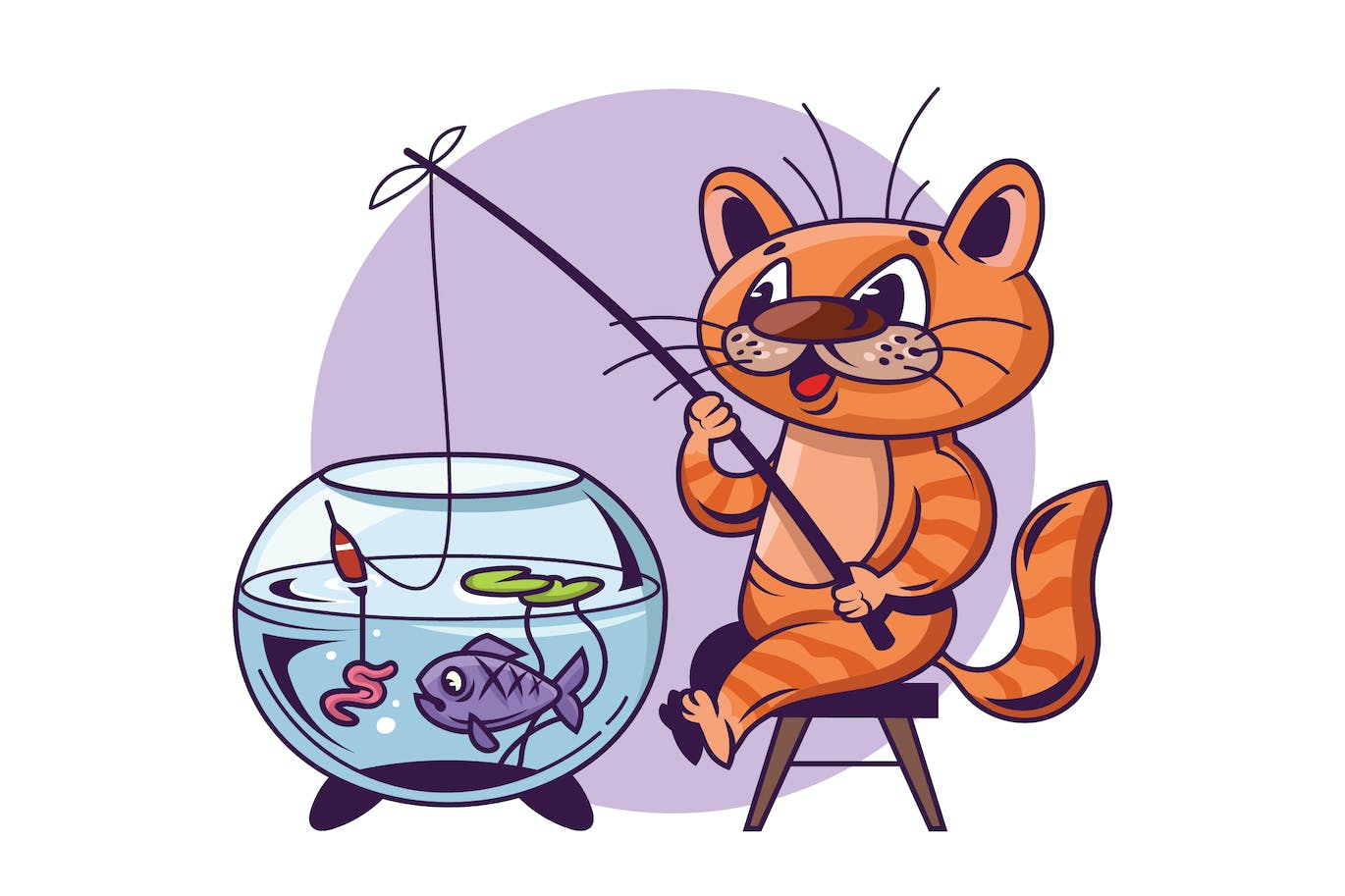 小猫钓鱼卡通矢量插画 Cat catching fish from aquarium 图片素材 第1张